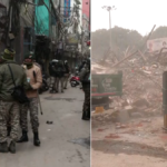 दिल्ली के तुर्कमान गेट पर अवैध अतिक्रमण हटाने की कार्रवाई के दौरान पुलिस और भीड़ के बीच हुई पथराव की घटना।