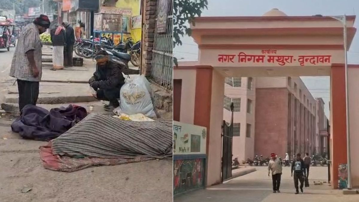 मथुरा-वृंदावन में बेसहारा लोगों को ठंड से बचाने के लिए नगर निगम द्वारा चलाए जा रहे रैन बसेरा अभियान की तस्वीर।